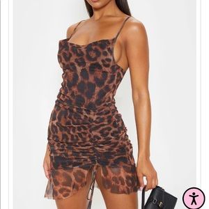 Brown Mesh Leopard Print Ruched Bodycon Dress